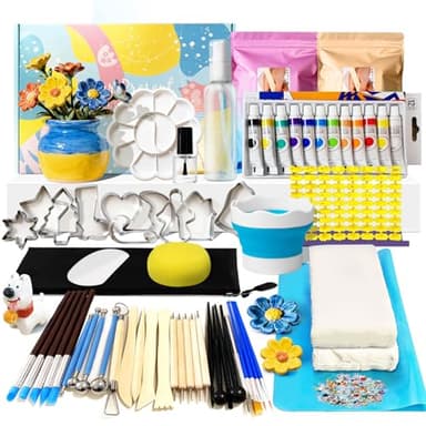 Lufttrocknendes Ton-Töpferset für Anfänger, Töpferset für Zuhause, 62-teilig DIY Töpfer-Set mit Modellierwerkzeugen, 12 Acrylfarben, Glanzlack, Aufbewahrungstasche, kreativ Set für Erwachsene