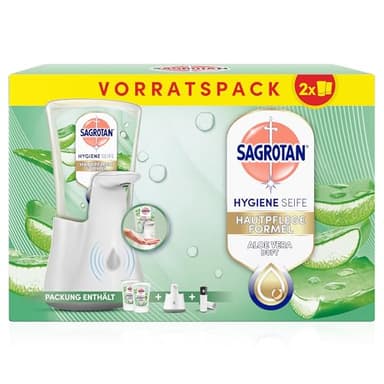 Sagrotan No-Touch Automatischer Seifenspender Weiß – Vorratspack – Inkl. Sagrotan Nachfüllern Aloe Vera – 2 x 250 ml Flüssigseife