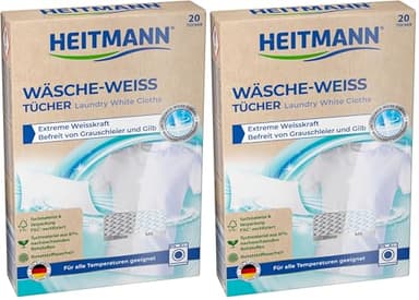 HEITMANN Wäsche-Weiss Tücher | Power-Weiss-Formel | Geeignet für alle Temperaturen und Waschmittel | FSC-zertifiziert | Ohne Kunststofffasern | 20 Tücher (Packung mit 2)