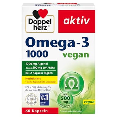 Doppelherz Omega-3 1000 vegan - Hochdosierte Omega-3-Fettsäuren EPA & DHA aus pflanzlichem Algenöl - 60 kleine & vegane Kapseln