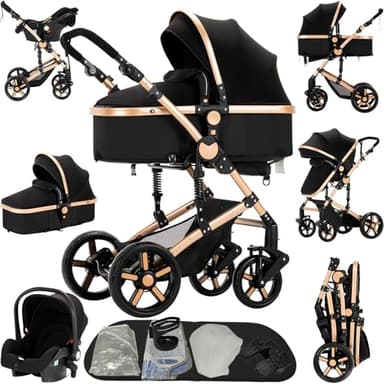 Reenborn Kinderwagen 3 in 1, Buggy mit Zwei Umkehrbaren Schiebemodi, Kinderwagen mit Rahmen Aluminiumlegierung, Babywagen 3 in 1 Komplettset mit Ein-Klick-Faltdesign Hohe Landschaft (588 Black Gold)