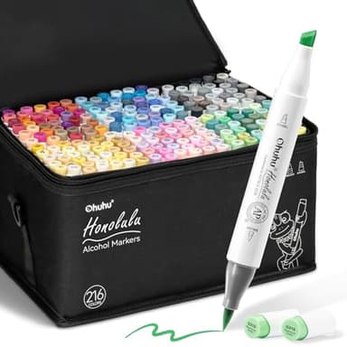 Ohuhu Alkohol Marker mit Pinselspitze: 216 Farben Doppelspitziges Künstlermarker-Set für Erwachsene zum Illustrieren und Kolorieren - Honolulu – Pinsel & Breitspitze – Nachfüllbar