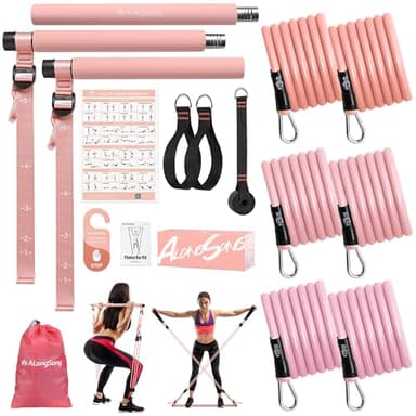 ALongSong Fitnessbänder Pilates Bar Set mit 6 Widerstandsbänder 20-180Lbs & Pilates-Stange, Griffe, Türanker für Fitness/Yoga/Kniebeugen/Stretching/Figurformung-Korallenrosa