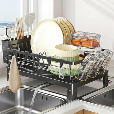 Abtropfgestell geschirr, Geschirrabtropfgestell mit schwenkbarem Auslaufstutzen, Dish drying rack mit einer Abtropfschale, Abtropfgestell edelstahl, Geschirrablage für spüle mit Tassenhaken schwar