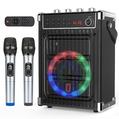 JYX Karaoke-Maschine mit 2 UHF-Funkmikrofonen, Bluetooth-Lautsprecher mit Bass-/Höhen-Einstellung und LED-Licht, PA-Systemunterstützung TWS, AUX in, FM, Rec, Versorgung für Party/Erwachsene/Kinder -