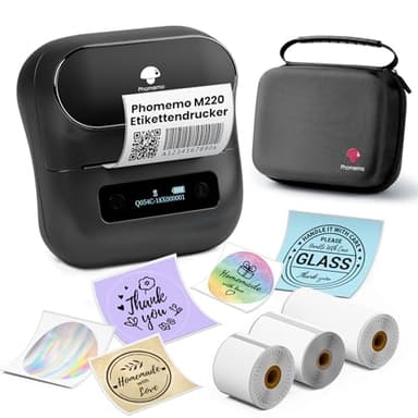 Phomemo M220 Etikettendrucker, Bluetooth Thermo Etikettenmacher,Tragbarer Etikettiergerät für Kleinunternehmen,Haushalt,Schule,Aufkleber Drucker mit 3 Rollen Selbstklebend Etiketten und 1 Etui