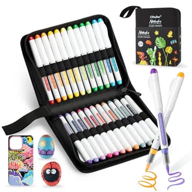 Ohuhu Acrylstifte, 24 Farben 1.5MM Pinselspitzen Acrylic Marker hohe Deckkraft Wasserfest lichtecht Acrylstifte Set für Steine Bemalen Felsmalerei Ostereier Holz Glas Keramik Leinwand Fotoalbu