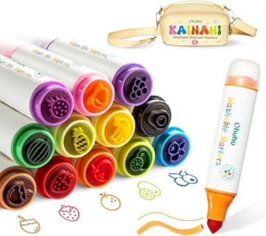 Ohuhu Filzstifte Kinder Auswaschbar mit Stempelstifte - 12 Farben Marker | Wasserbasierte ungiftige Fasermaler Kinder Extra dicker Griff | Mit kindgerechter Spaß-Tasche | Malstifte Ab 3 Jahre