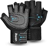 ihuan Belüftete Fitness Handschuhe mit Handgelenkband-Unterstützung für Herren und Frauen | Schwarze Trainingshandschuhe | kompletter Handflächenschutz für Gewichtheben, Training, Fitness, Klimmzüge