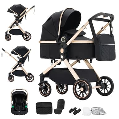BEBBY 3-in-1 Kinderwagen KombiKinderwagen-Set 2-in-1 Buggy faltbar Luxus Hochlandschaft Neugeborenes Tragbarer Zusammenklappbarer Kinderwagen Travel System (U9-X-BLACK, U9-X)