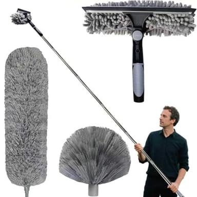 Staubwedel Teleskop 6m, Reinigungsset für Staubwedel mit Teleskopierbarer Verlängerungsstange 1,5 bis 4,9 m, Staubwischer Mikrofaser, Spinnwebenbesen mit Teleskopstiel, Fensterwischer