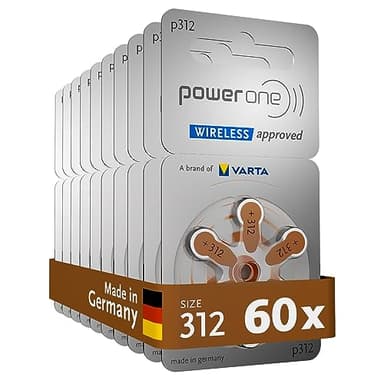 Power one Hörgerätebatterien Typ 312 braun, Batterien 60 Stück Vorratspack, wireless approved, Größe p312 für Hörgeräte und Hörhilfen, high hearing level, quecksilberfrei, Made in Germany