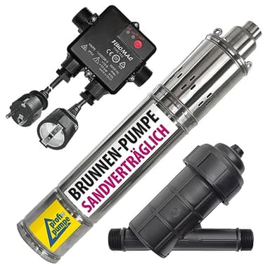 Tiefbrunnenpumpe 4" Zoll 750 W Brunnenpumpe mit Fördermenge 2.700L/h mit Automatic-Controller & Kartuschenfilter – 230V Edelstahl 100m Förderhöhe 15m Kabel