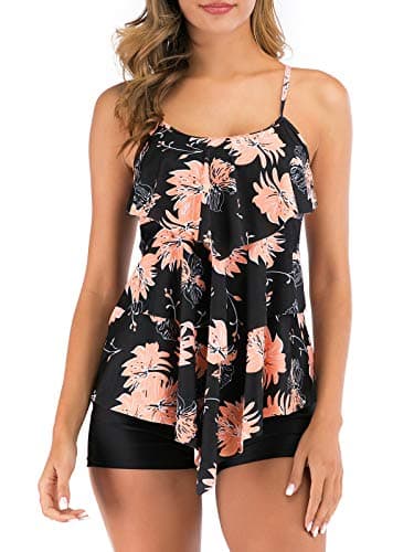 FLYILY Damen Zwei Stücke Tankini Rüschen Volant Geschichtet Bademode mit Boy Legs Shorts Rüschen Große Größen Bademode Badeanzug(BlackFlower,XXL)