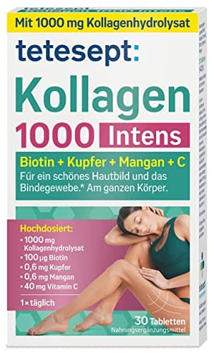 tetesept Kollagen 1000 Intens – Nahrungsergänzungsmittel mit Kollagen, Vitamin C, Biotin, Kupfer & Mangan – Für das Bindegewebe und ein schönes Hautbild – 1 x 30 Tabletten