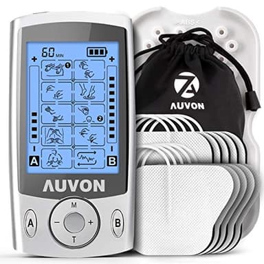 AUVON TENS Gerät, 2 Kanäle TENS Reizstromgerät mit 20 Trainingsprogramme und 10 Stück Premium Elektroden Pads mit patentiertem Design zur Schmerzlinderung von Rücken, Schulter, Nacken, Bein