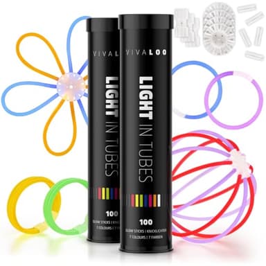 Vivaloo Knicklichter Party Set 200 Stück + Zubehör - Leuchtstäbe mit Verbinder für Leuchtarmbänder, Party Brillen, Bälle - Knicklichter Hochzeit