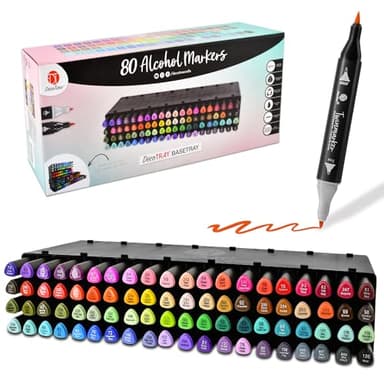Decotime Twin Alkohol-Marker mit stapelbarer Alkoholmarker-Aufbewahrungsschale – 80 Dual-Tip Fein- & Pinselmarker – farbige Markerstifte für Erwachsene, Kinder – schnelltrocknende Kunstbedarf zum