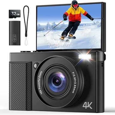 4K Digitalkamera 64MP AutoFokus Fotokamera: 16X Digitalzoom 180° Klapp 3IPS Bildschirm 32GB Karte für Vlog - Schwarz Kamera - Geschenk Anfänger Teenager Kids
