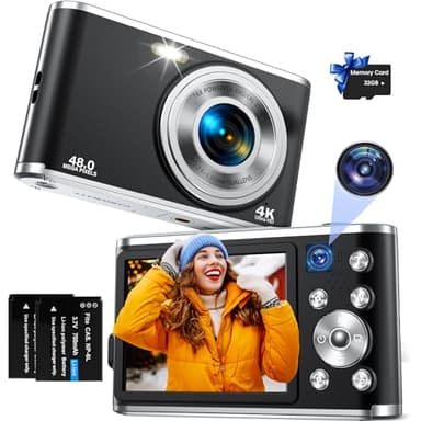 Digitalkamera, AutoFocus 4K Fotokamera mit Dual-Kamera, Fotoapparat Digitalkamera mit 32GB Karte,16X Digitalzoom,2,8" großem Bildschirm Vlogging Kamera Tragbare Point-and-Shoot-Kameras für Teenager