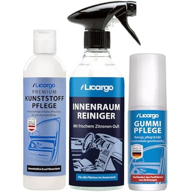 Licargo Auto Pflege Set Komplett – Innenraumreiniger (500ml), Gummipflege Stift (75ml) & Kunststoffpflege (250ml) – Porentiefe Reinigung und Pflege für Innenraum, Cockpit, Polster, Leder & Kunststoff