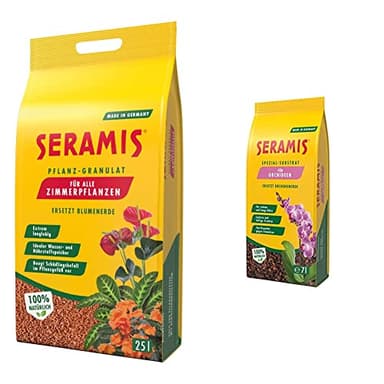 Seramis Pflanz-Granulat für alle Zimmerpflanzen, 25 l – Pflanzen Tongranulat & Spezial-Substrat für Orchideen, 7 l – Orchideensubstrat mit Tongranulat und Pinienrinde,Gelb