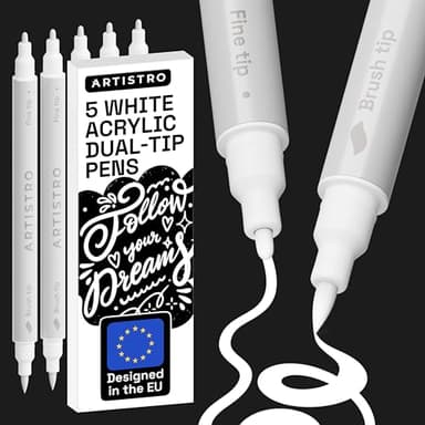 Artistro Acrylstifte mit Doppelspitze, Mehrfarbig – Für Stoff, Leinwand, Stein, Glas, Holz & Papier –Perfekt Christmas Set für kreative Kinder, Teenager & Bastelfans - 5 Weiße Pinsel & Feine Spitze