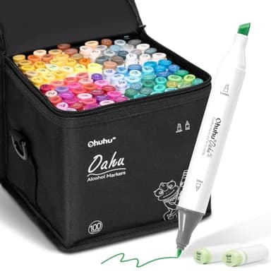 Ohuhu Alkohol Marker – 100 Farben mit Breit & Feinspitze Doppelspitziges Profi-Set für Zeichnen Skizzieren & Illustrieren, AP-zertifiziert & nachfüllbar