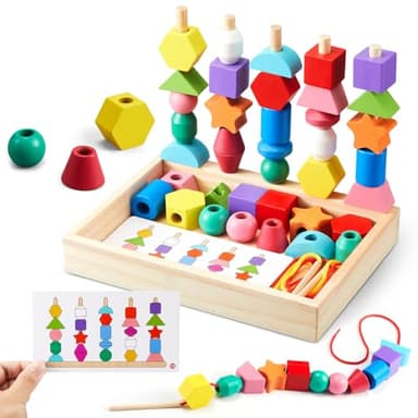 Montessori Spielzeug ab 3 4 5 Jahre Motorikspielzeug Fädelspiel Bausteine Sortierspiel für Kinder, Holz StapelspielFeinmotorik Lernspiele Geschenk für Baby Junge Mädchen (Mit Aufbewahrungsbox)