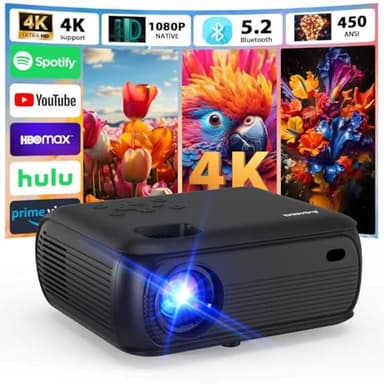 Mini Beamer mit WLAN und Bluetooth, 1080P, Native 4K-Unterstützung, Premium-Lautsprecher, Smart Android TV OS, WLAN 6, Bluetooth 5.2 und automatischer Trapezkorrektur, schwarz