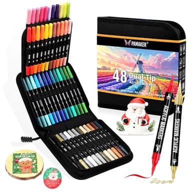 Pamaker 48 Farben Acrylstifte Set – Doppelseitige Spitzen, Multimarker für Steine, Holz, Stoff, Leinwand, Glas, Keramik in Stofftasche – Vielseitige Acrylfarben für Künstler & DIY Projekte
