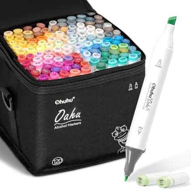 Ohuhu Alkohol Marker – 120 Farben mit Breit & Feinspitze Doppelspitziges Profi-Set für Zeichnen Skizzieren & Illustrieren, AP-zertifiziert & nachfüllbar