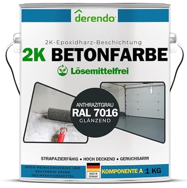 derendo 2K Lack Epoxidharz Bodenbeschichtung anthrazit grau RAL 7016 Betonfarbe für INNEN & AUSSEN Garagenfarbe Terassenboden Bodenbelag Fliesenfarbe wetterfest LÖSEMITTELFREI (1 Liter)