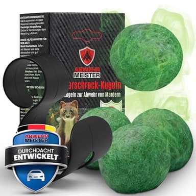 ABWEHR MEISTER Original 4X Marderschreck-Kugeln inkl. PKW-Halterung, Marderschreck Auto mit Sofort und Langzeitwirkung, Marderabwehr zum Schutz vor Marder im Motorraum Made in Germany