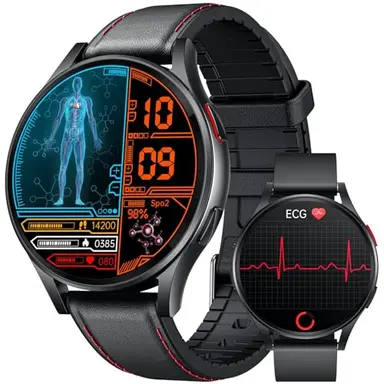 Smartwatch Herren mit EKG+𝐇𝐑𝐕 Blutdruck 𝐁𝐥𝐮𝐭𝐳𝐮𝐜𝐤𝐞𝐫: Smart Watch Uhr 1,43" Rund AMOLED Lederarmband Armbanduhr Wasserdicht Herzfrequenz Schrittzähler Telefonfunktion Fitnessuhr Android iOS