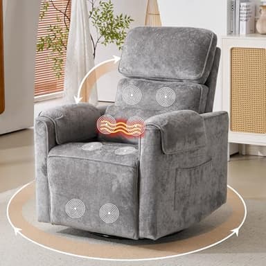 Rhevoy Fernsehsessel Elektrisch Relaxsessel mit Liegefunktion,Massagesessel mit Wärmefunktion,270°Drehbarer TV Sessel Wohnzimmer,Wippfunktion,Verstellbare Kopfstütze,2 Seitentaschen,grau