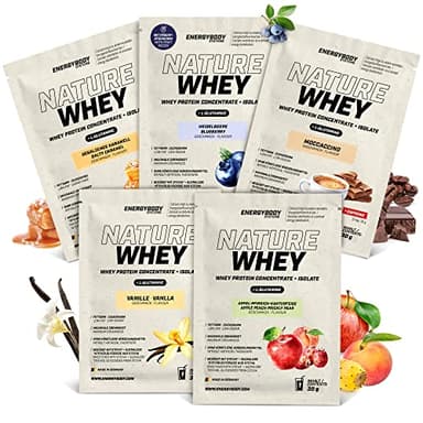 Energybody® Nature Whey Protein Pulver Probierpaket - 5x30g - Zucker- und fettarmes Molkenproteinpulver ohne künstliche Verdickungsmittel/Proteinpulver Probierpackung/Eiweißpulver Probierset