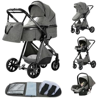 GLOKID Kinderwagen 3 in 1,Reisesysteme, Babywanne,Buggy&Sportsitz,Tragbarer,Voll-Gummireifen,Mit Einem Klick Zusammenklappbarer,Zubehör (LV9 Dunkelgrau)