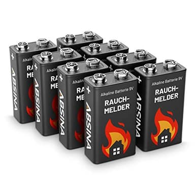 9V Blockbatterie Rauchmelder - 8er Pack Alkaline 9V Batterie langlebig & auslaufsicher - 9 Volt Blockbatterie für Feuermelder, Bewegungsmelder & Rauchwarnmelder - Rauchmelder Batterie ABSINA
