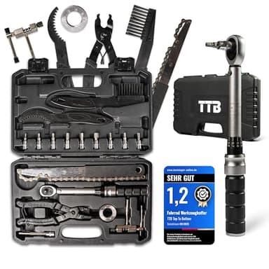TTB Fahrrad Werkzeugkoffer mit präzisem Drehmomentschlüssel 1–25 Nm Tragbares Reparaturset für MTB, Rennrad & Gravel, Kettenpflege-Set, Kettennieter, Speichenschlüssel, Montagewerkzeug & Profi-Bits