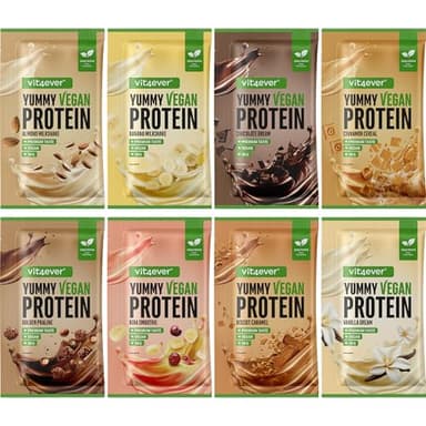 Yummy Vegan Protein - Probenset 8x 30g - 8 Geschmacksorten - Pflanzlicher Proteinshake mit bis zu 24,9 g Eiweiß pro Portion aus Fava-Bohnen-Isolat mit BCAA & Aminosäuren