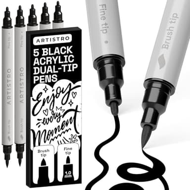 ARTISTRO Acrylstifte mit Doppelspitze, Mehrfarbig – Für Stoff, Leinwand, Stein, Glas, Holz & Papier –Perfekt Christmas Set für kreative Kinder, Teenager & Bastelfans - 5 Schwarze Pinsel & Feine Spitze