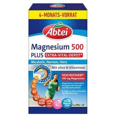 Abtei Magnesium 500 Plus Extra-Vital-Depot – Hochdosierte Magnesiumtabletten – Für Muskeln, Nerven, Herz – 500 mg Magnesium – laktosefrei, glutenfrei, vegan – Vorratspackung, 126 Tabletten