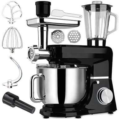 Retoo Küchenmaschine 3 in 1 1500W Large Stainless Steel Bowl 6L Meat Grinder Kneading Machine Multifunctional 6 speed settings 3 Mixing Tools Includes Splash Guard Lid Dough Hook and Whisk Versatile