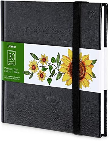 Ohuhu Kompakt-Skizzenbuch für Alkoholmarker - Quadratisch (16x16 cm) Hardcover mit PU-Einband, 200 g/m² säurefreies Papier, 60 Seiten (30 Blätter), Kunstbuch für Reiseskizzen & Illustration