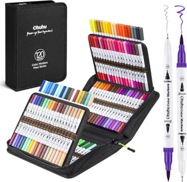 Ohuhu Maui 120 Farben Filzstifte Dual Brush Pen Set mit Doppelspitze (Pinsel & Fineliner), wasserbasierte Stifte für Erwachsene – Ideal für Bullet Journal Kalligraphie Mandala, inkl. Tragetasche
