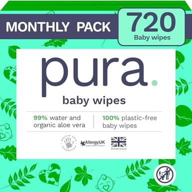 Pura Öko-Feuchttücher für empfindliche Babyhaut, 720 Tücher (12 x 60 Tücher), Monatsbox, 99% Wasser, 100% plastikfrei, biologisch abbaubar, Hautfreundlich bei Neurodermitis, Neugeborene
