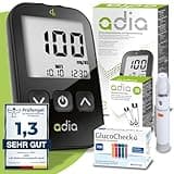 Komplett-Set: adia Blutzuckermessgerät-Set (mg/dl) + 60 Blutzuckerteststreifen + 110 Lanzetten, 1 Stechhilfe, 1 Etui, Diabetes-Test-Set für Zuhause