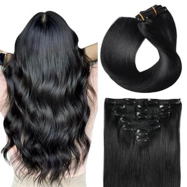 SUYYA Clip in Extensions Echthaar, Salon Remy Menschenhaar Extensions Echthaar Gerade Glatt Chthaar Extensions Clip Doppelt Genäht 14 Zoll 35cm 7 Stück 70G #1 Tief Schwarz