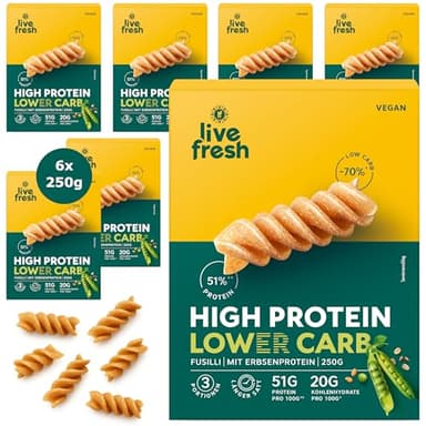 LiveFresh High Protein Low Carb Nudeln | Vegane Vollkorn Fusilli mit 51g Protein | 80% mehr Ballaststoffe & 70% weniger Kohlenhydrate | Low Carb Lebensmittel zum Abnehmen & Muskelaufbau | 6x250g